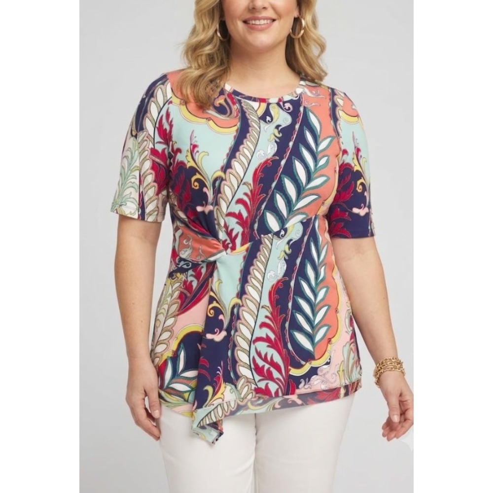 New Chico's Draped Tunic size XL/3 Coral Zinnia Multi Paisley Touch of Cool Knit